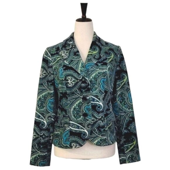 Talbots Teal Paisley Patterned Velvet Stretch Buttoned Blazer Size 4 - Picture 1 of 9